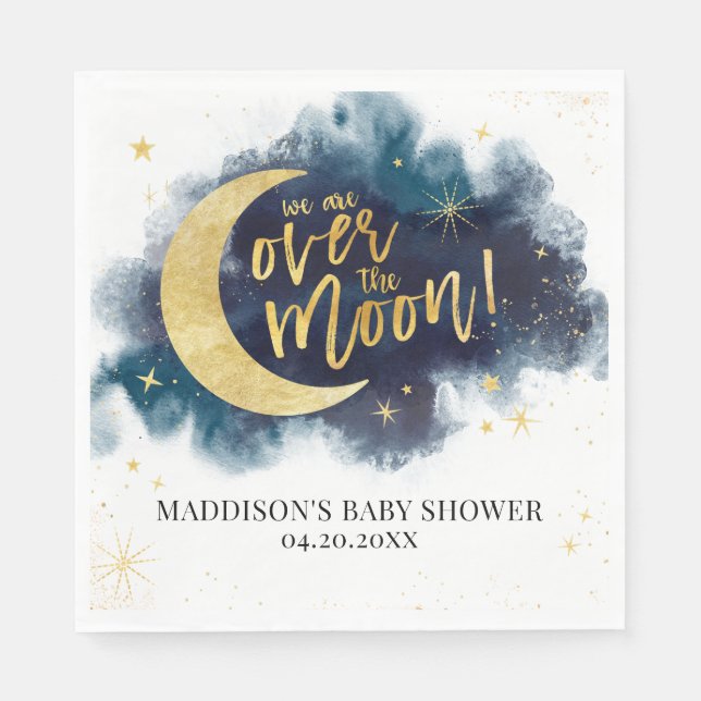 Over the Moon Gold Stars Blue Baby Shower Napkin (Front)