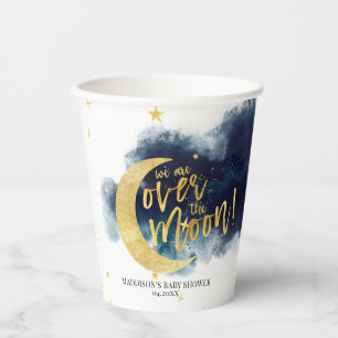 Over the Moon Gold Stars Blue Baby Shower Paper Cups