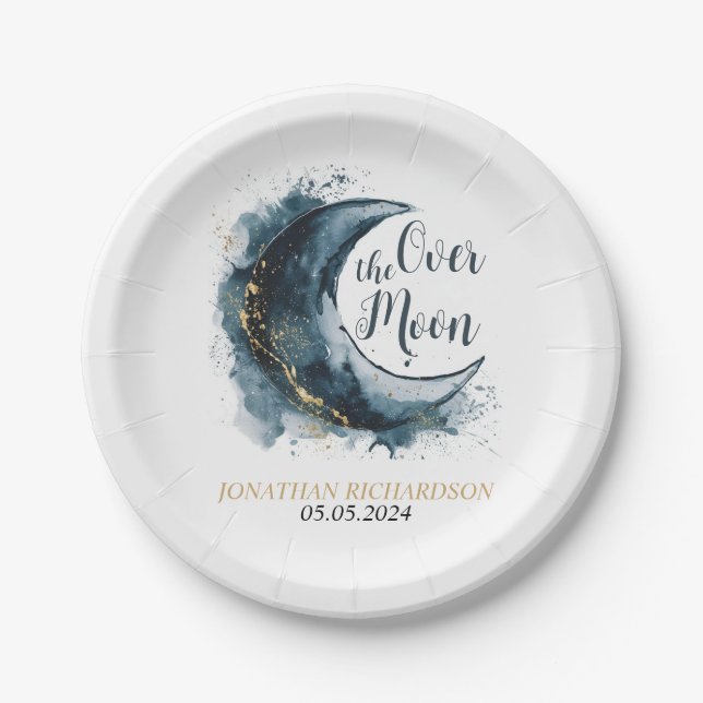 Over the Moon Gold Stars Blue Baby Shower Paper Plate (Front)