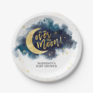 Over the Moon Gold Stars Blue Baby Shower Paper Plate