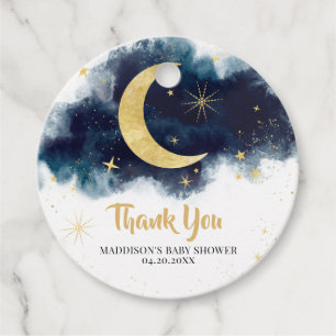 Over the Moon Gold Stars Blue Baby Shower Round Favour Tags