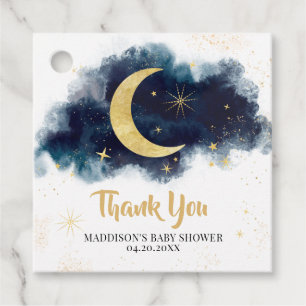 Over the Moon Gold Stars Blue Baby Shower Square Favour Tags
