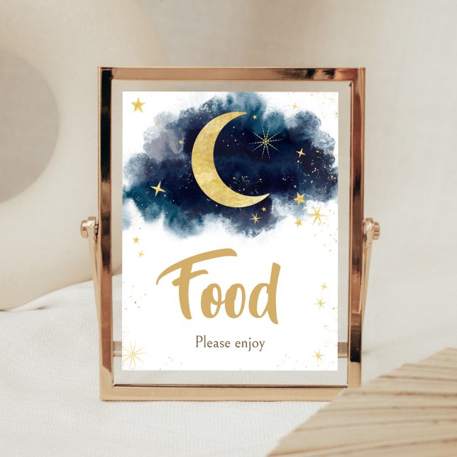 Over the Moon Gold Stars Blue Food Poster (Blue Twinkle Little Star Baby Shower Food Sign)
