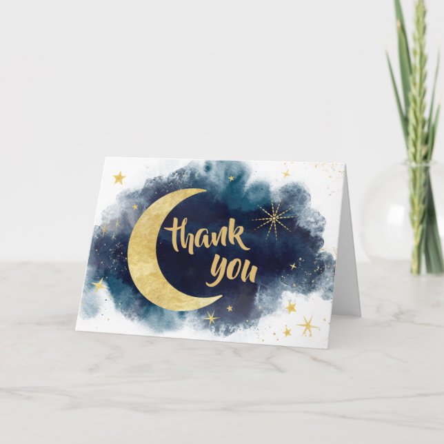 Over the Moon Gold Stars Blue  Thank You Card (Front)