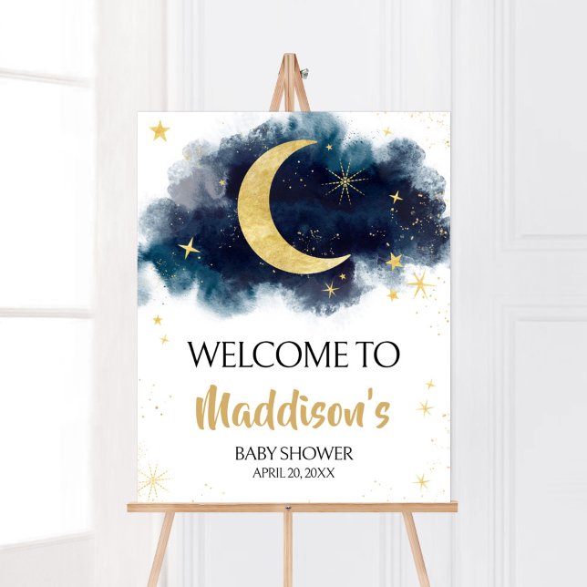 Over the Moon Gold Stars Blue Welcome Poster (Blue Twinkle Little Star Baby Shower Welcome Sign)