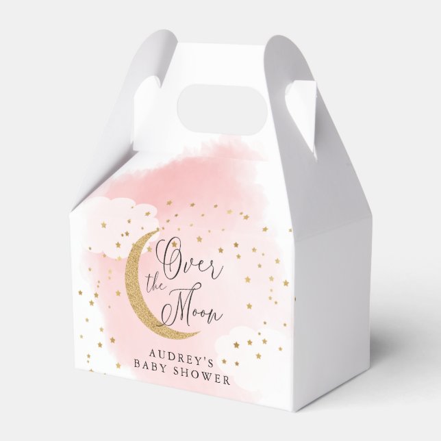 Over the Moon Gold Stars Pink Baby Shower Favour Box (Front Side)