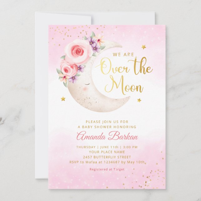 Over The Moon Gold Stars pink Girl Baby Shower  Invitation (Front)
