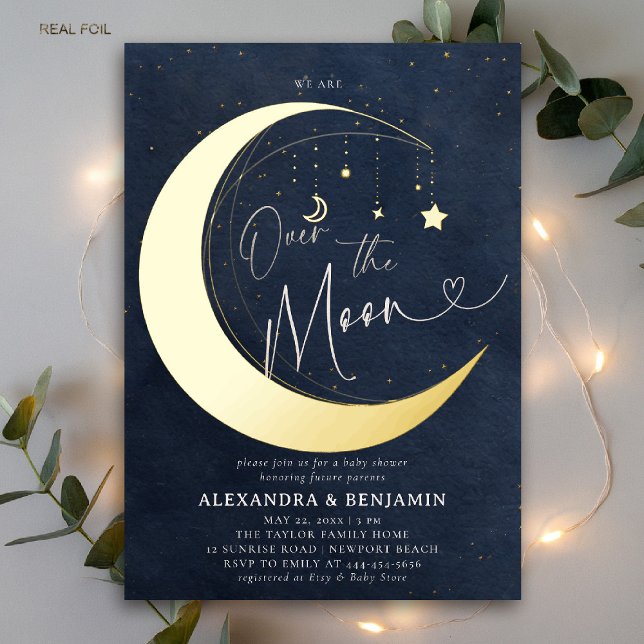 Over the Moon Gold Watercolor Coed Baby Boy Shower (over the moon baby shower invitation navy blue sky gold stars mobile celestial astrology twinkle )