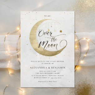Over the Moon Gold White Dreamy Sky Baby Shower Invitation