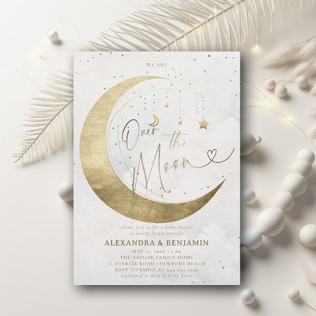 Over the Moon Gold White Sky Coed Baby Shower Invitation (over the moon baby shower invitation moon stars watercolor cute coed elegant neutral white gold)