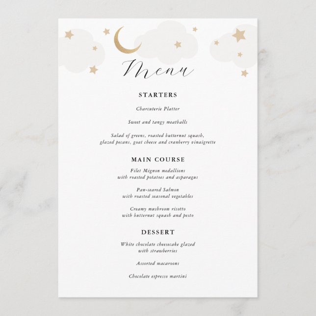 Over the Moon Grey and Gold Menu (Front)