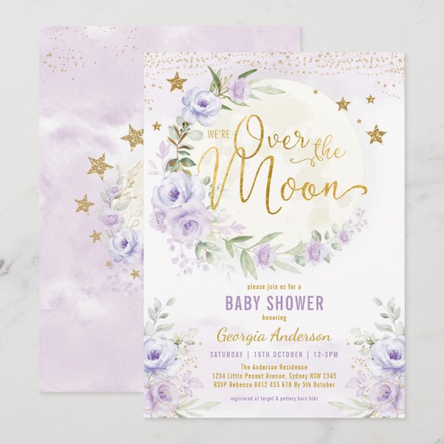 Over the Moon | Lavender Gold Girl Baby Shower Invitation (Front/Back)
