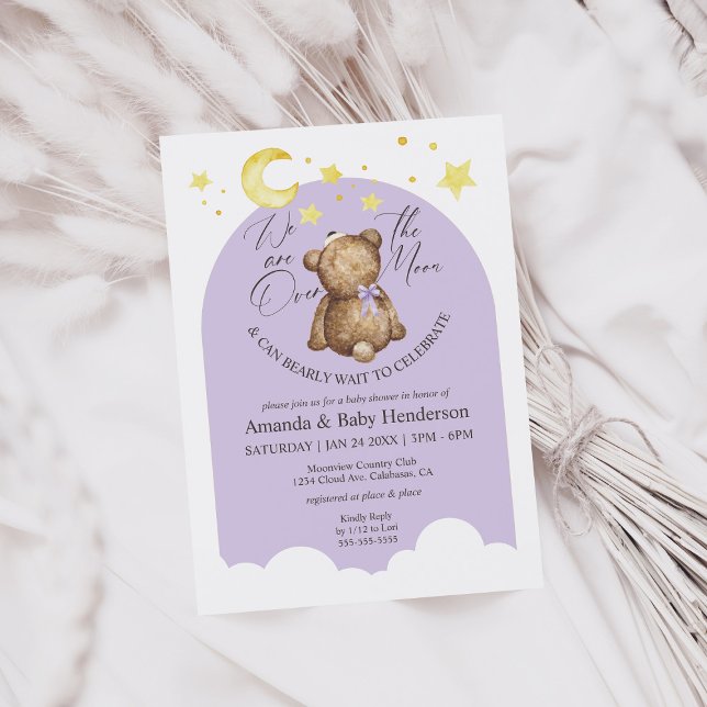 Over The Moon Lavender Teddy Bear Baby Shower Invitation (Creator Uploaded)