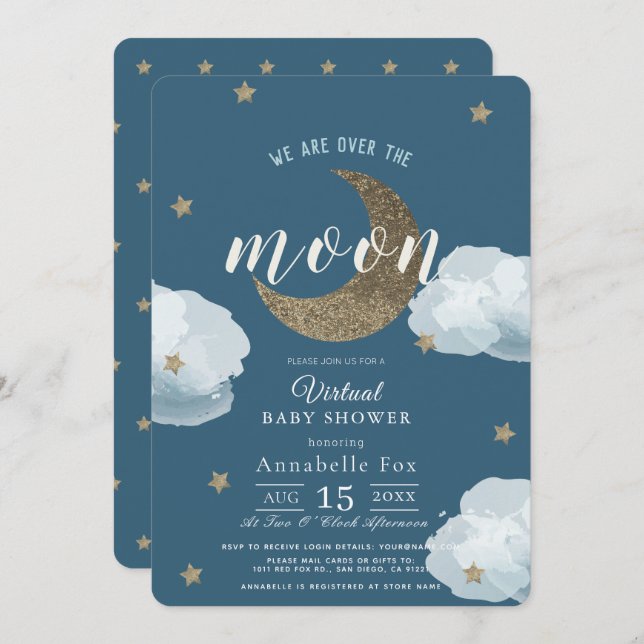 Over the Moon Midnight Blue Virtual Baby Shower Invitation (Front/Back)
