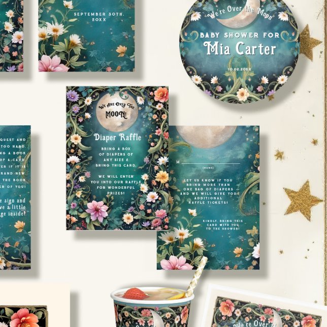 Over the Moon Moonlit Night Pink Flowers Baby Girl Enclosure Card (Creator Uploaded)