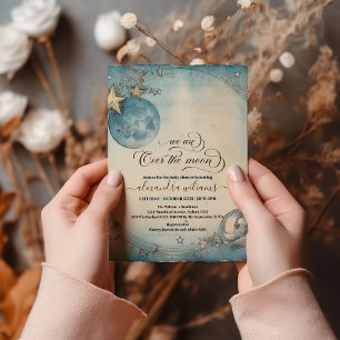 Over the Moon Navy Blue Baby Boy Shower Invitation