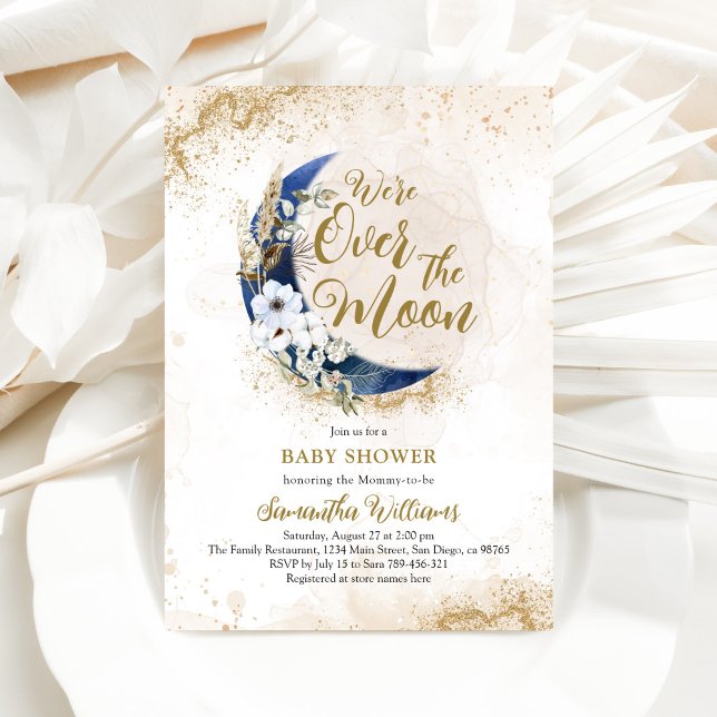 Over the Moon Navy Blue Photo Baby Boy Shower  Invitation (Creator Uploaded)