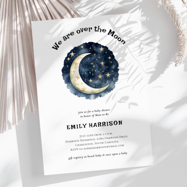 Over The Moon Navy Blue Space Baby Shower Invitation (Creator Uploaded)