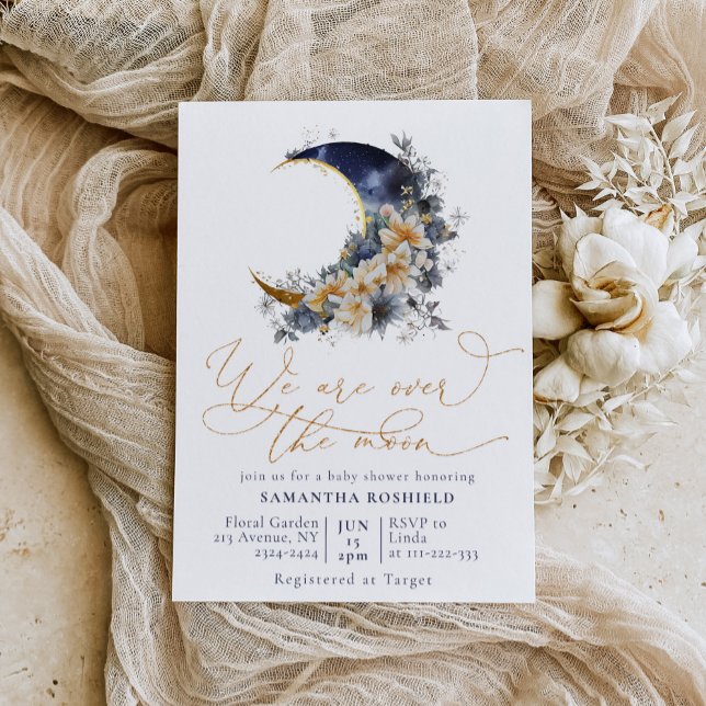 Over the moon navy gold baby shower invitation (Creator Uploaded)