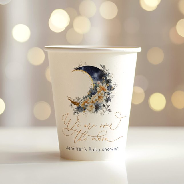 Over the moon navy gold foil baby shower paper cups (Creator Uploaded)