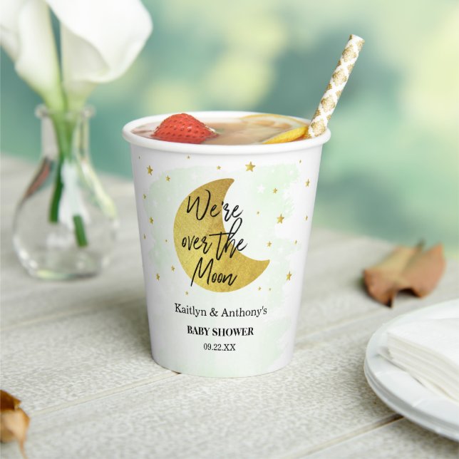 Over The Moon | Neutral Baby Shower Paper Cups (Insitu)