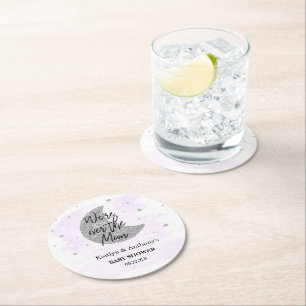 Over The Moon   Neutral Baby Shower Round Paper Coaster
