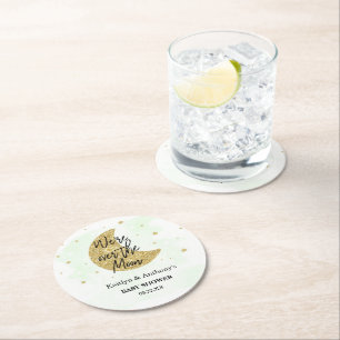 Over The Moon   Neutral Baby Shower Round Paper Coaster
