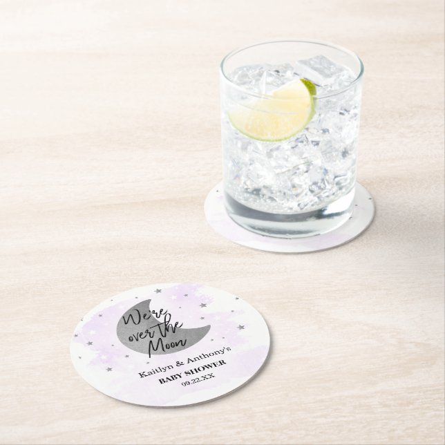 Over The Moon | Neutral Baby Shower Round Paper Coaster (Insitu)