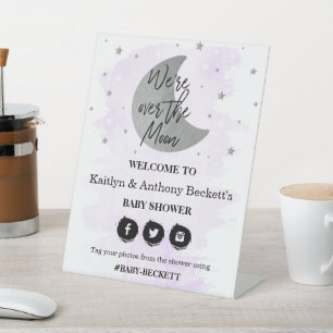 Over The Moon Neutral Baby Shower Welcome Pedestal Sign