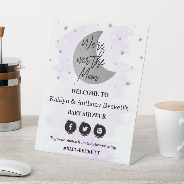 Over The Moon | Neutral Baby Shower Welcome Pedestal Sign (In SItu)