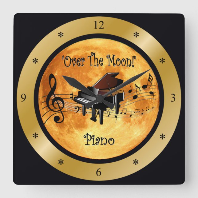 “Over The Moon”~ Piano ~ Musical Scale ~ * ~ Square Wall Clock (Front)