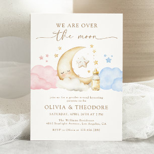 Over the Moon Pink and Blue Gender Reveal Party Invitation