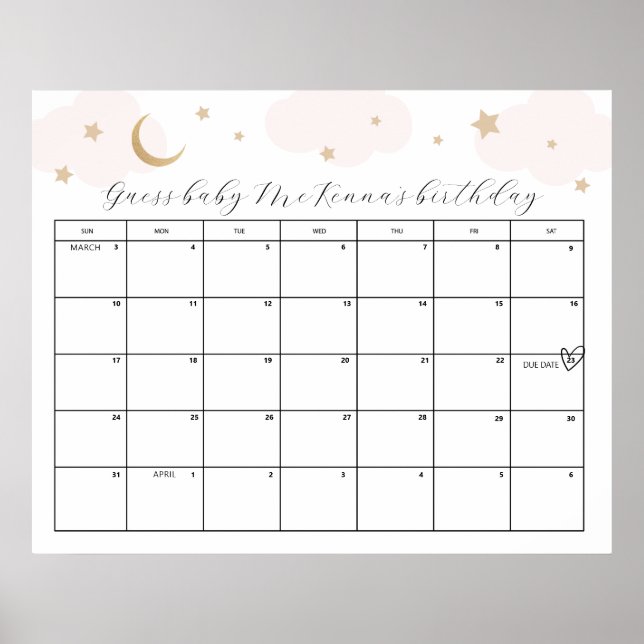 Over the Moon Pink Baby Shower Due Date Guess Game Poster (Front)