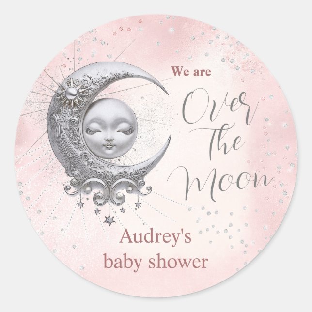 Over The Moon Pink Girl Baby Shower  Classic Round Sticker (Front)