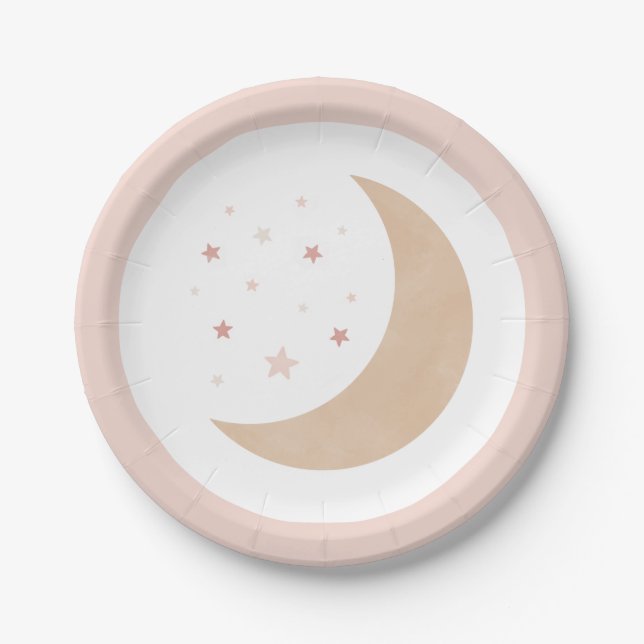 Over the Moon Pink Girl Baby Shower Paper Plate (Front)