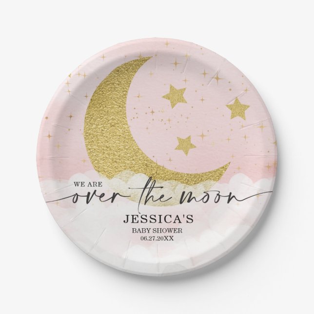 Over The Moon Pink Girl Baby Shower Paper Plates (Front)
