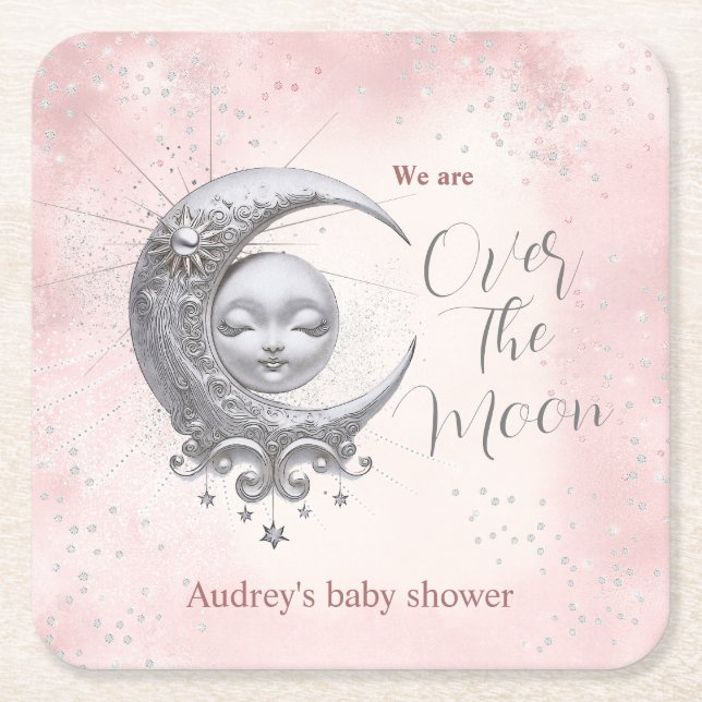 Over The Moon Pink Girl Baby Shower  Square Paper Coaster (Front)