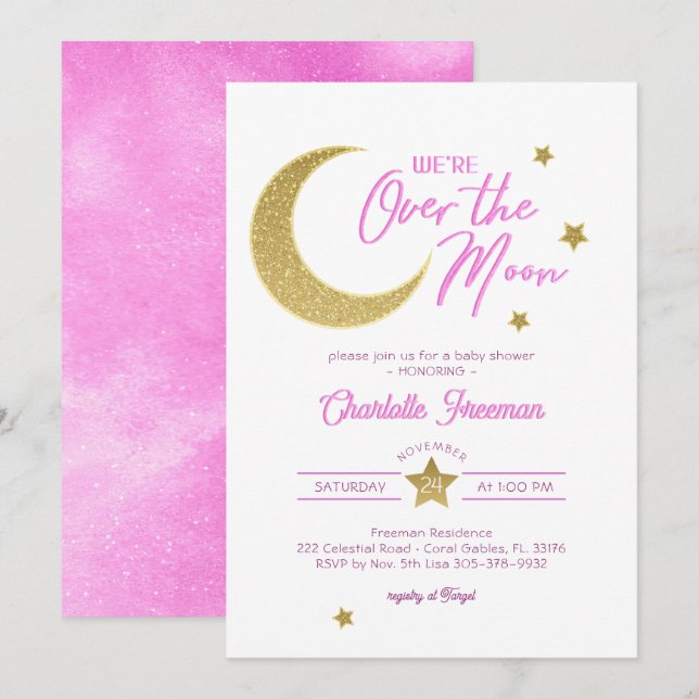 Over the Moon Pink & Gold Baby Girl Shower Invitation (Front/Back)
