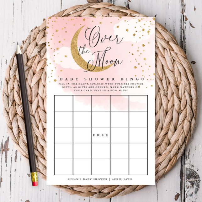 Over the Moon Pink & Gold Baby Paper Bingo Card (Creator Uploaded)