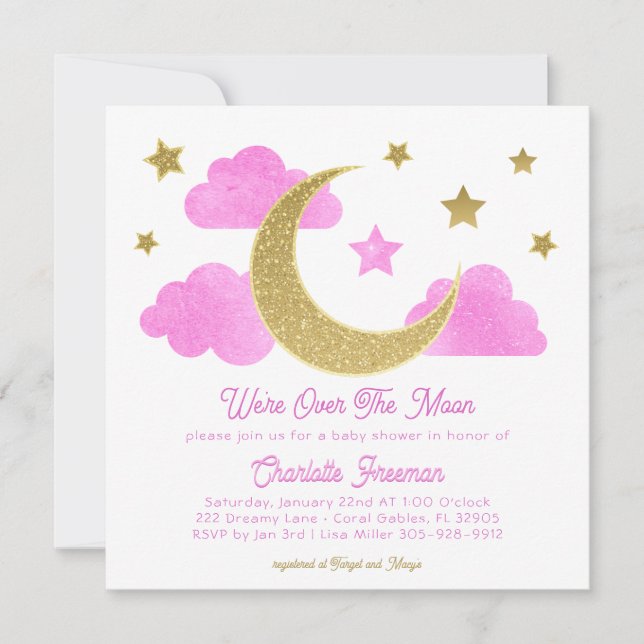 Over the Moon Pink Gold Baby Shower Invite (Front)