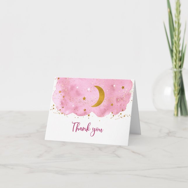 Over the Moon Pink Gold Baby Shower Thank You Card (Front)