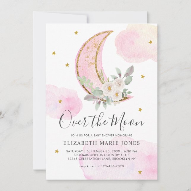 Over the Moon Pink Gold Dreamy Girl Baby Shower  Invitation (Front)