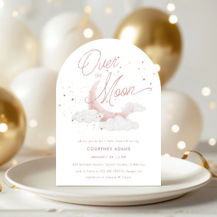 Over The Moon Pink Gold Stars Baby Shower Invitation