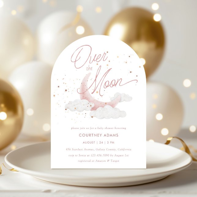 Over The Moon Pink Gold Stars Baby Shower Invitation (Creator Uploaded)