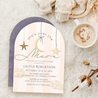 Over the Moon Pink Stripes Bridal Shower Invitation