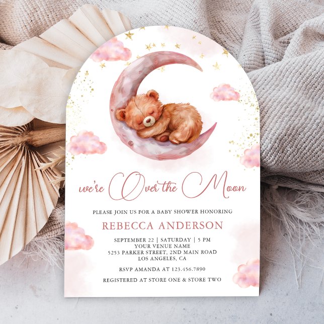 Over the Moon Pink Teddy Bear Arch Baby Shower Invitation (Creator Uploaded)