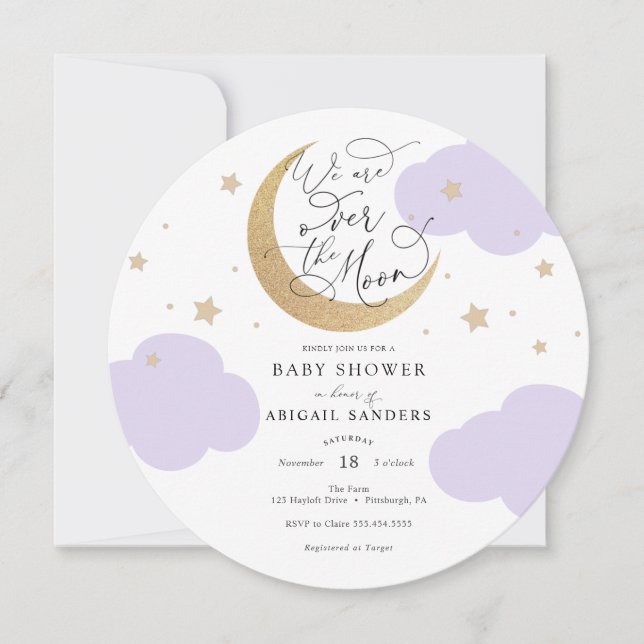 Over the Moon Purple Baby Shower Invitation (Front)