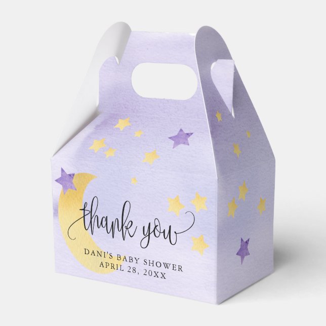 Over the Moon, Purple Baby Shower Moon Stars Favour Box (Front Side)