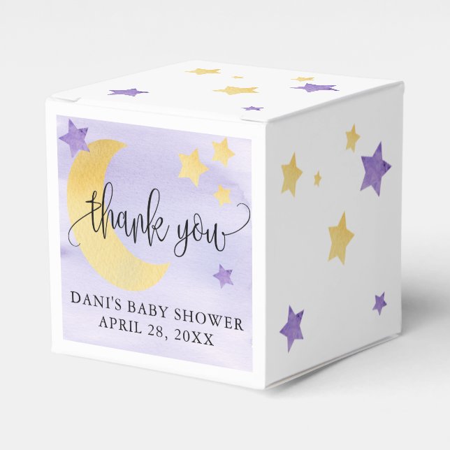 Over the Moon, Purple Baby Shower Moon Stars Small Favour Box (Front Side)