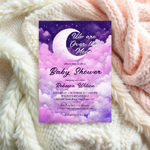 Over the moon purple pink baby shower invitation